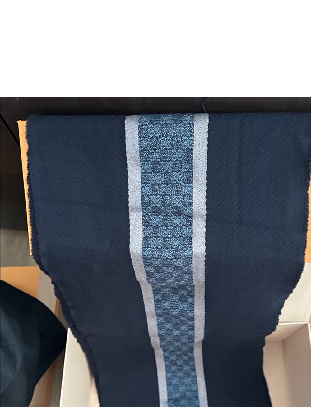 Gucci Navy Blue Scarf Light Blue and Grey Center Stripe